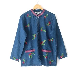 Appleseeds Mistletoe Holiday Christmas Oversized Denim Jacket Sz S NEW